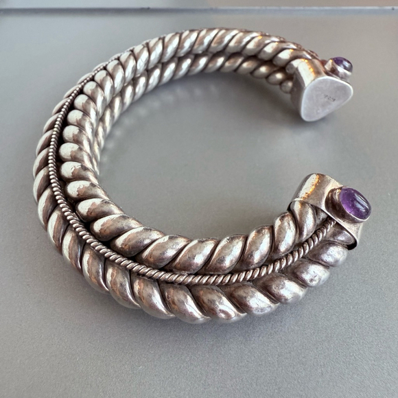Suarti Bali BA Sterling Silver 925 Amethyst Cabochon HEAVY Cuff Bracelet - Picture 3 of 10
